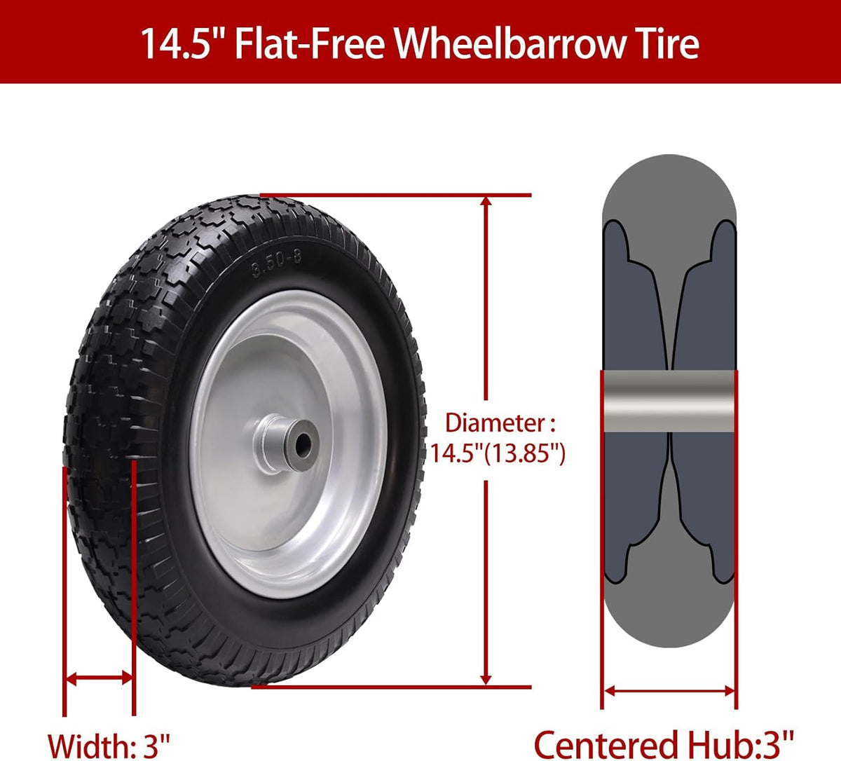 14.5" Wheelbarrow Tire, 3.50-8" Flat-free Solid Tire and Wheel with 3" -7" Centered Hub and 5/8" &