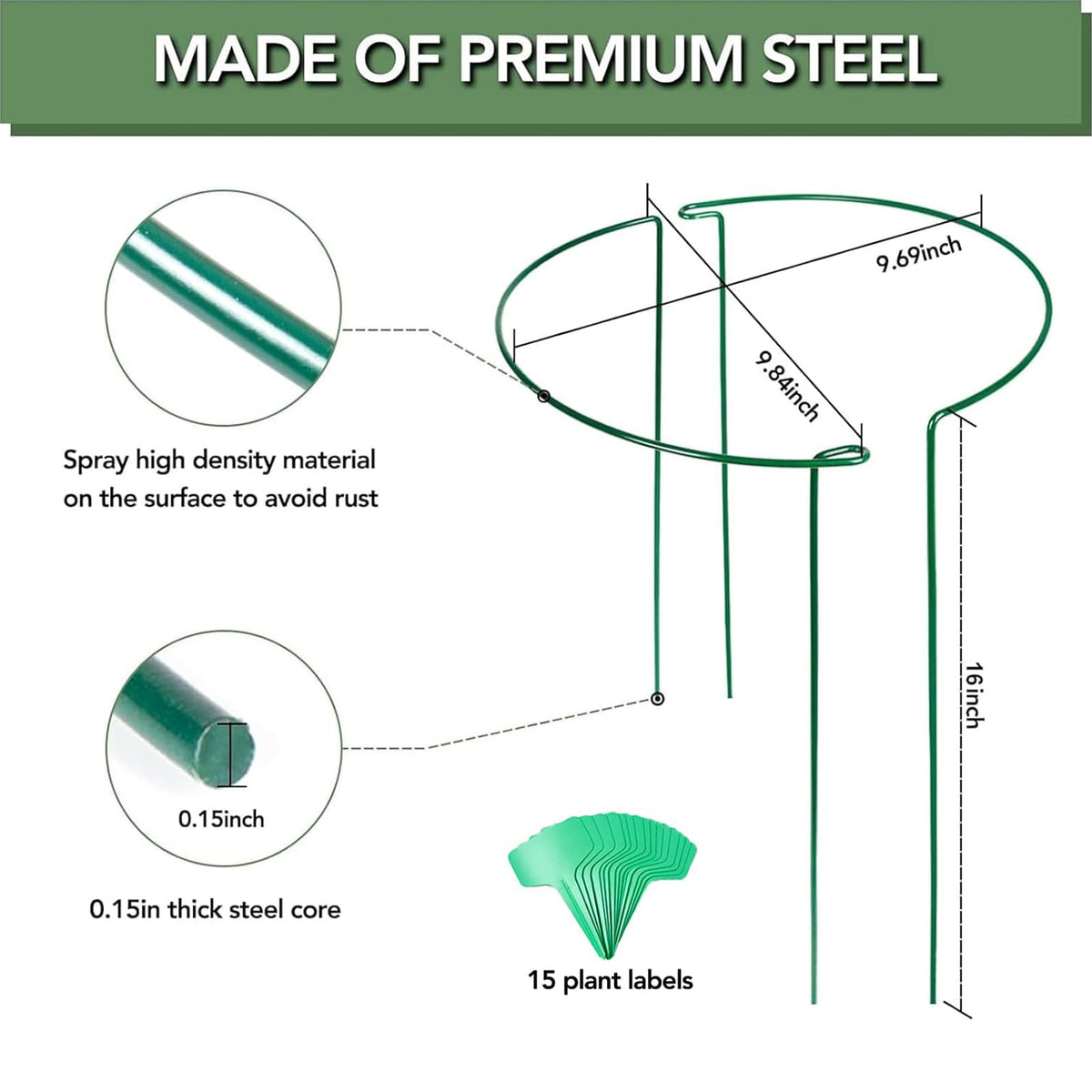 12 Pack 16 Inch Metal Plant Support Stakes for Outdoor Plants and Flowers