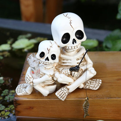 Fishing Skeleton Couple Statue Halloween Decorations, 3.54 Inch Funny Sitting Skull Figurine Shelf