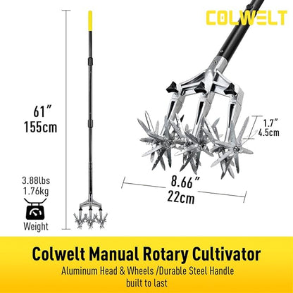 Colwelt Rotary Cultivator Garden Tool 61’’, Hand Tiller Garden Tool with Detachable Aluminum Tines