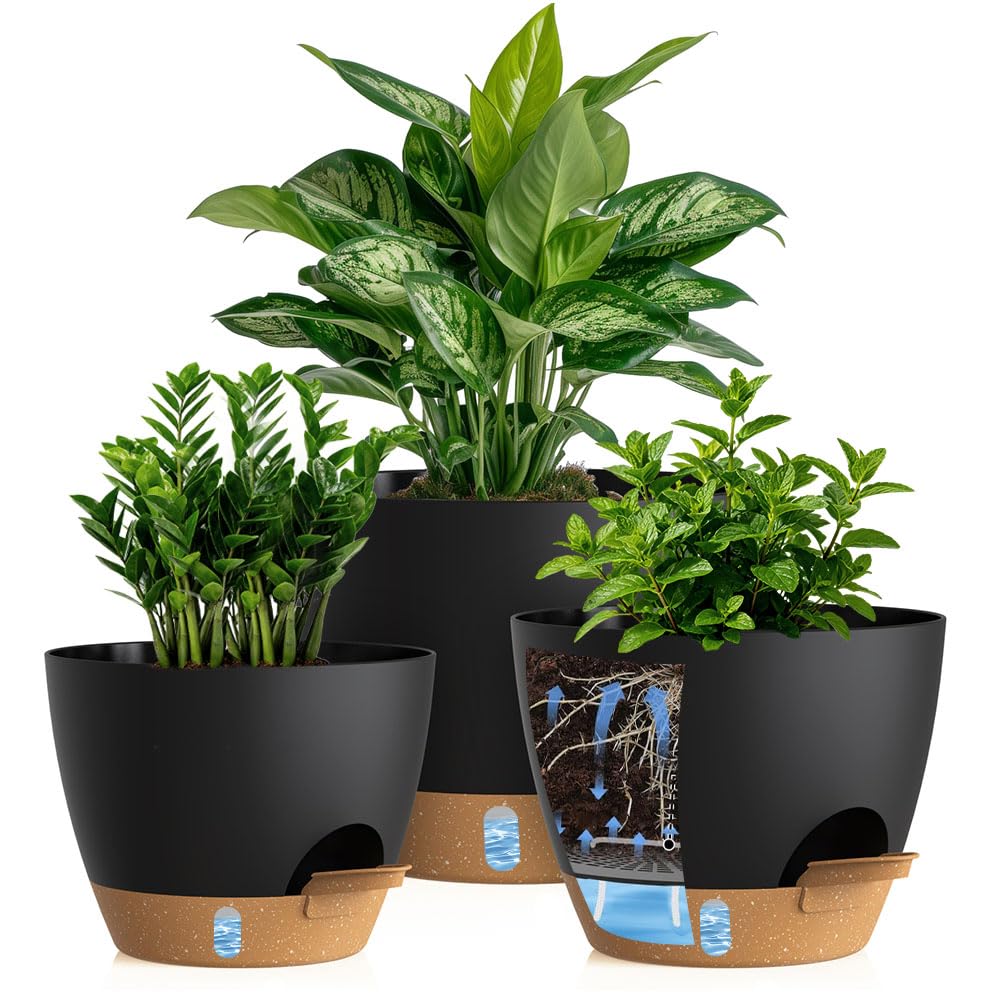 KUGAZ Self Watering Pots with Drainage Holes, 3 Pack 12/10/8 Inch Plant Pots with Water Level