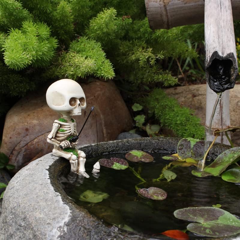 Fishing Skeleton Statue Halloween Decorations, 4.5 Inch Cute Sitting Skull Figurine Shelf Sitter