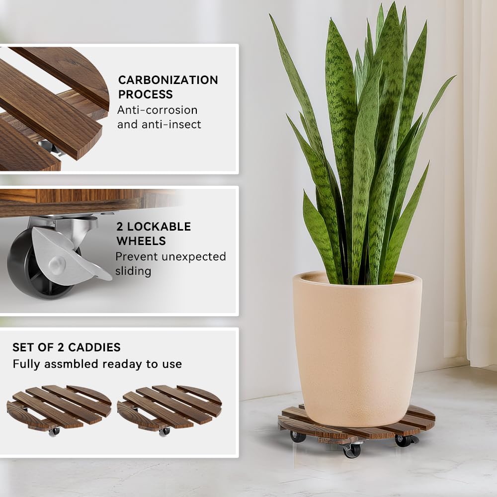 2 Pack 12 IN Wood Plant Caddy, 360 Lock Wheels Indoor Outdoor Heavy Stand