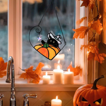 BOXCASA Black Cat Decor Stained Glass Window Hangings Pumpkin Ornament,Halloween Decor Witch Hat