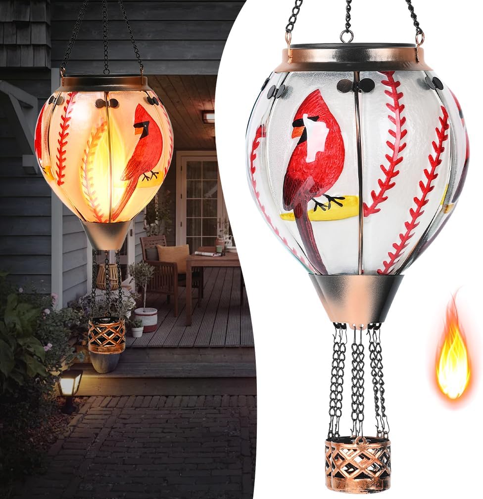 Hot Air Balloon Solar Lantern - Cardinal Bird Glass Lantern, Simulated Flickering & Dancing Flame