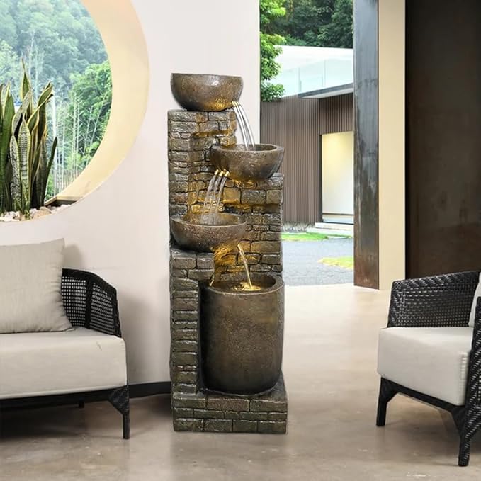 38.2 ''H Cascading Bowls and Stacked Stones with Led Lights Outdoor Water Fountain for Gardens