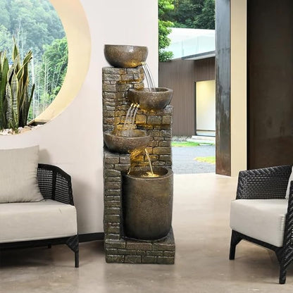 38.2 ''H Cascading Bowls and Stacked Stones with Led Lights Outdoor Water Fountain for Gardens