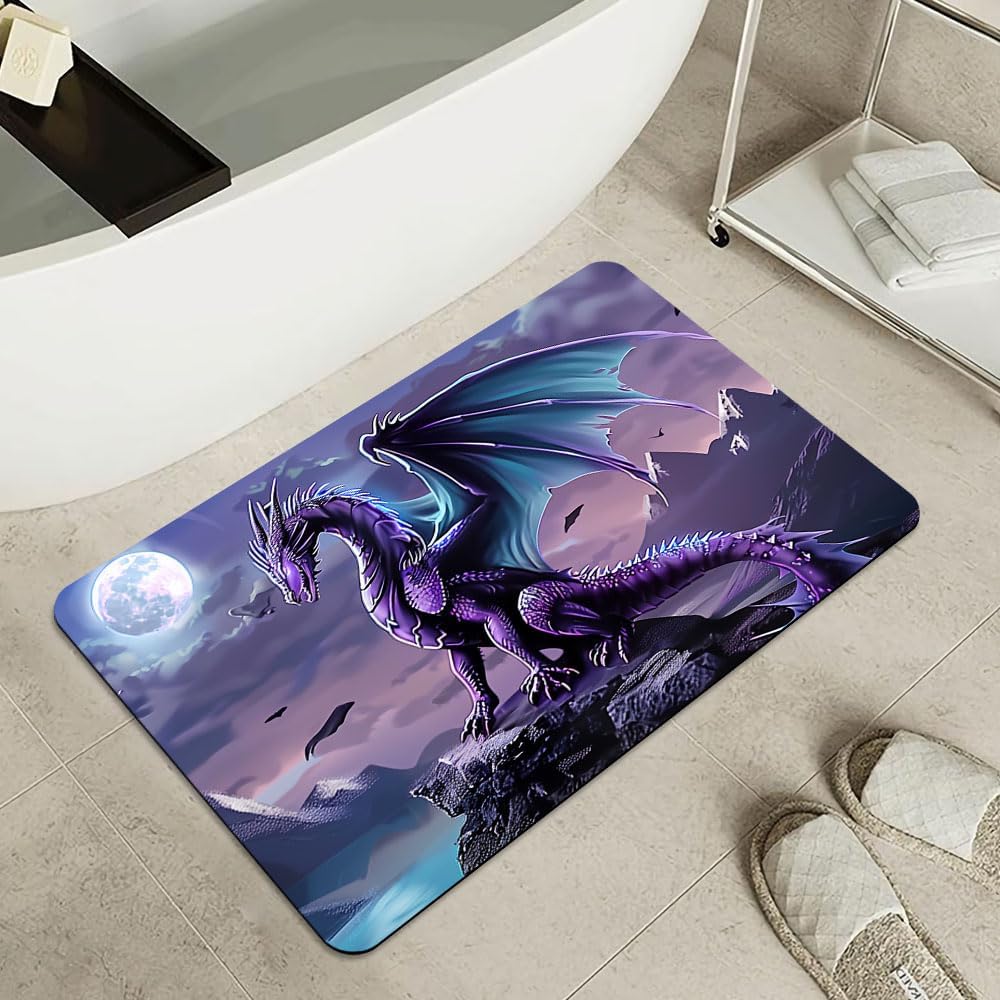 Bath Mat-Bathroom Rug，Purple Dragon with Blue Wings-Absorbent Non Slip Quick Dry Stain Resistant