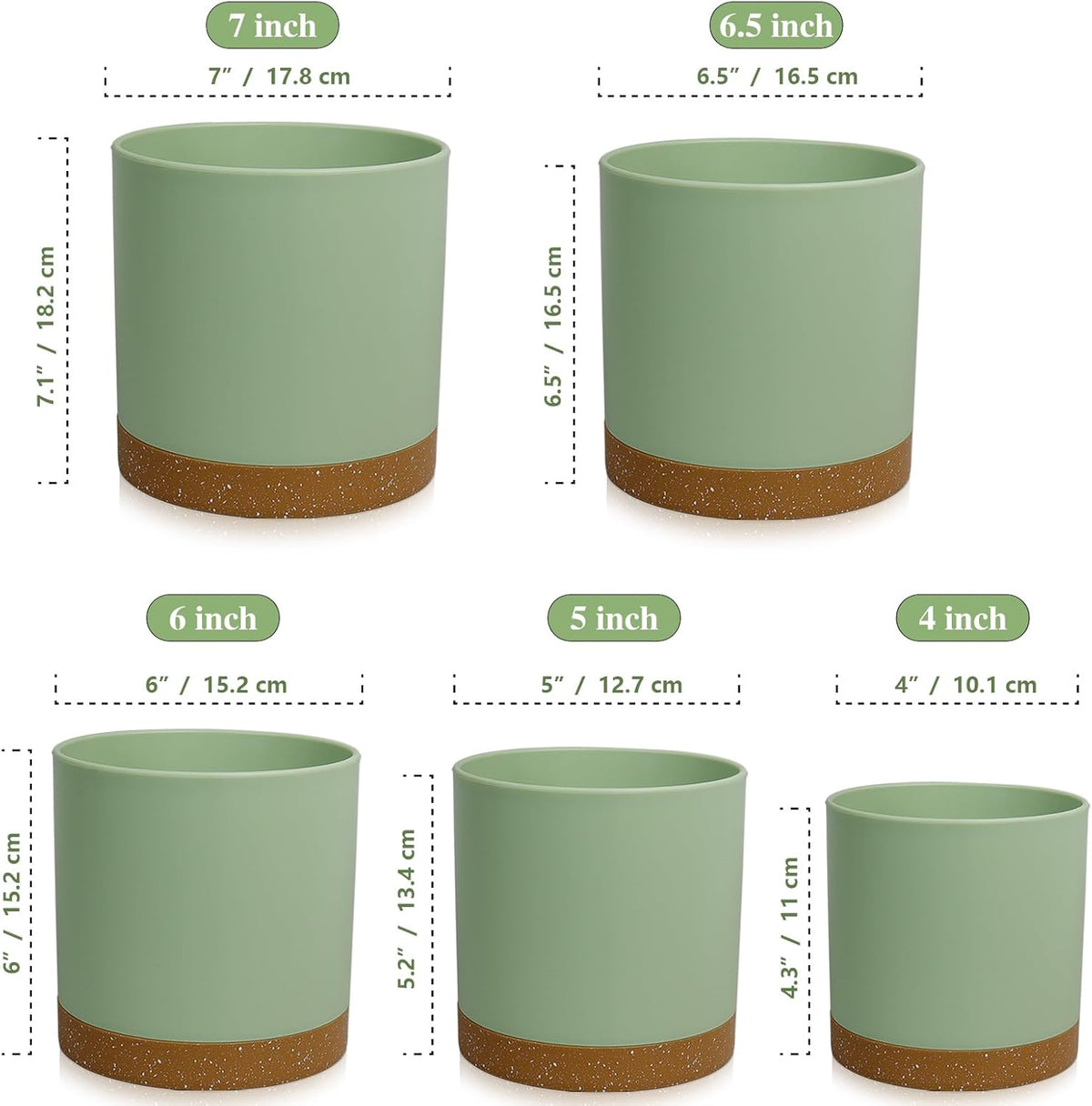5 Pack Cylindrical Flower Pots with 7/6.5/6/5/4 inch, Modern Small Plastic Plant Pots with Drainage