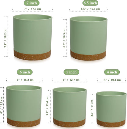 5 Pack Cylindrical Flower Pots with 7/6.5/6/5/4 inch, Modern Small Plastic Plant Pots with Drainage