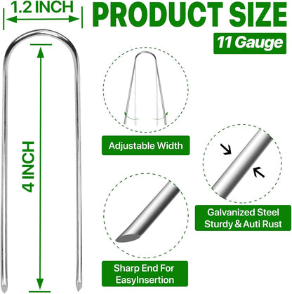 U Shape Garden Stakes 50 Packs 4 Inch 11 Gauge Irrigation Tubing Stakes, Heavy Duty Galvanized