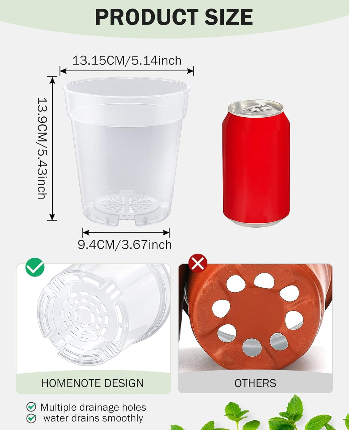 homenote Clear Nursery Pots for Plants,5 Inch Plant Pot for Planting Plastic Seedling with Drainage