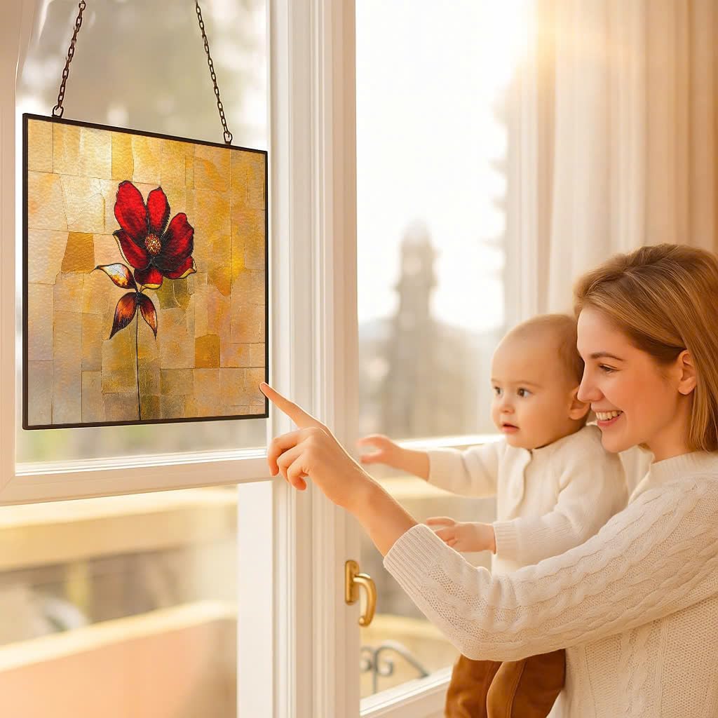 Personalized Rectangle Red Flower Stained Glass Window Hangings Stained Glass Suncatcher Birthday