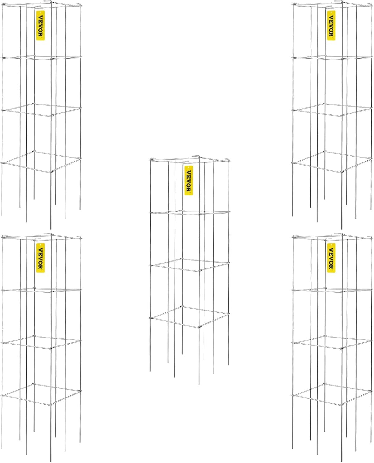 VEVOR Tomato Cages, 11.8" x 11.8" x 46.1", 5 Packs Square Plant Support Cages, Silver PVC-Coated