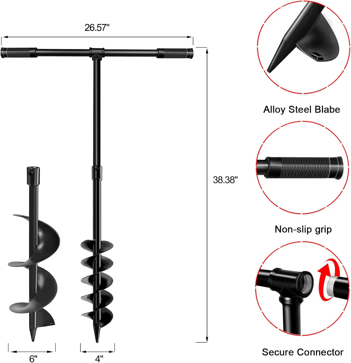 LONGRUN T-Shaped Garden Auger Drill Bit for Planting, Hand Operated Spiral Post Hole Digger, Easy
