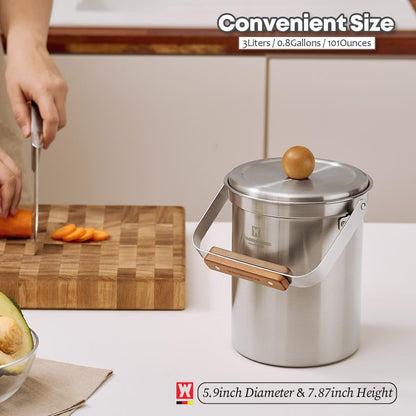 Kitchen Countertop Compost Bin 101ounces / 3Liters with Airtight Lid, SUS304 Stainless Steel