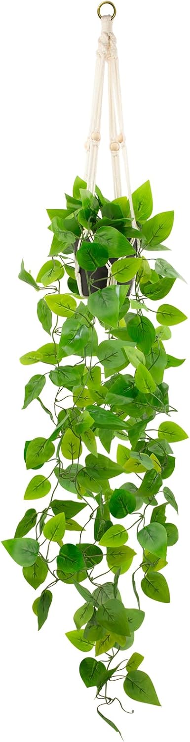 Fake Pothos in Rope - Hanging Pot, Artificial Pothos Plants for Home Decor Indoor Macrame Plant