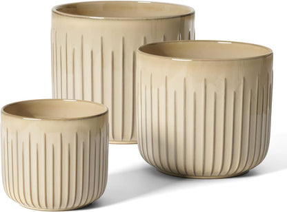 LE TAUCI Fluted Ceramic Planters Set of 3 – 8.3/7 / 5.7 in Cloud Cream Reactive Cylinder Indoor