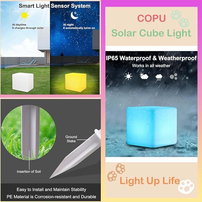 8-in Solar Cube Light Outdoor Waterproof, 16 Colors Illuminate Cube Floor Lamp, Dimmable Glowing