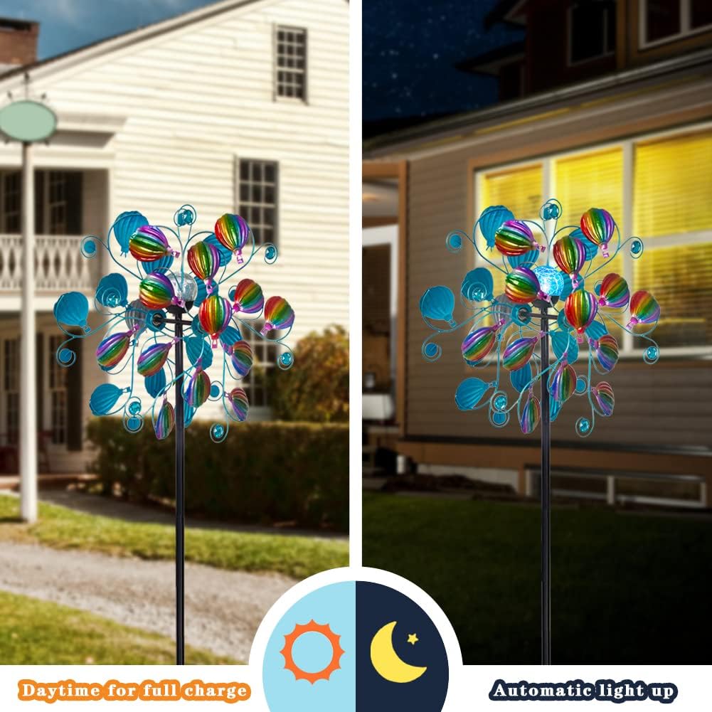 Solar Wind Spinners Outdoor,Hot Air Balloon Wind Spinner with LED Glass Ball,Muti-color Wind