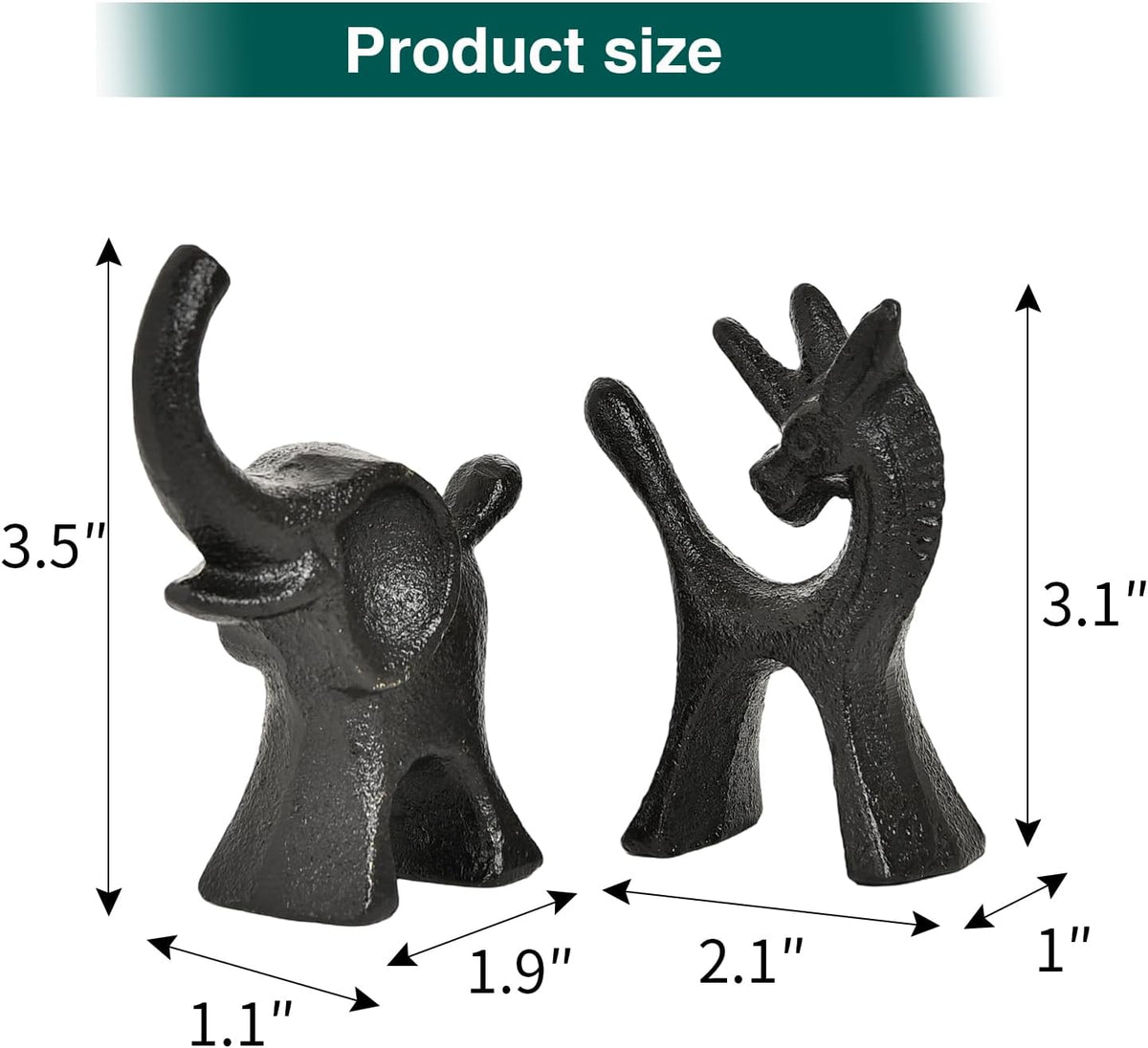 Sungmor Set of 2 Cast Iron Elephant & Unicorn Figurines - Rustic Black Animal Sculptures for Shelf