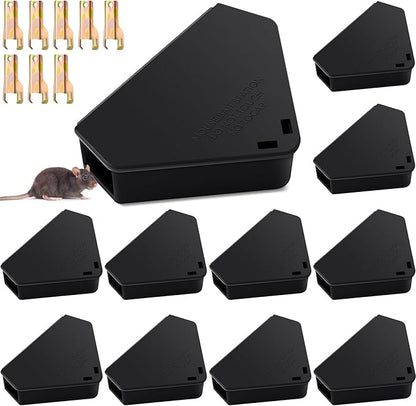 Qualirey 12 Pcs Mice Station with Key Triangle Bait Station Reusable Rodent Trap Bait Box, Keeps