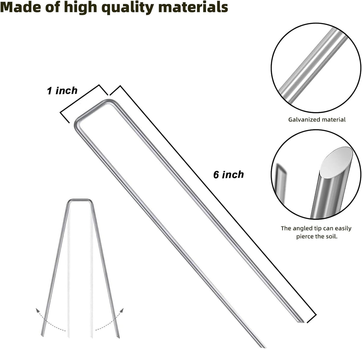 100 Pack Sturdy Garden Landscape Staples, 6 Inch Galvanized Steel Sod Pins Anti-Rust Stakes for