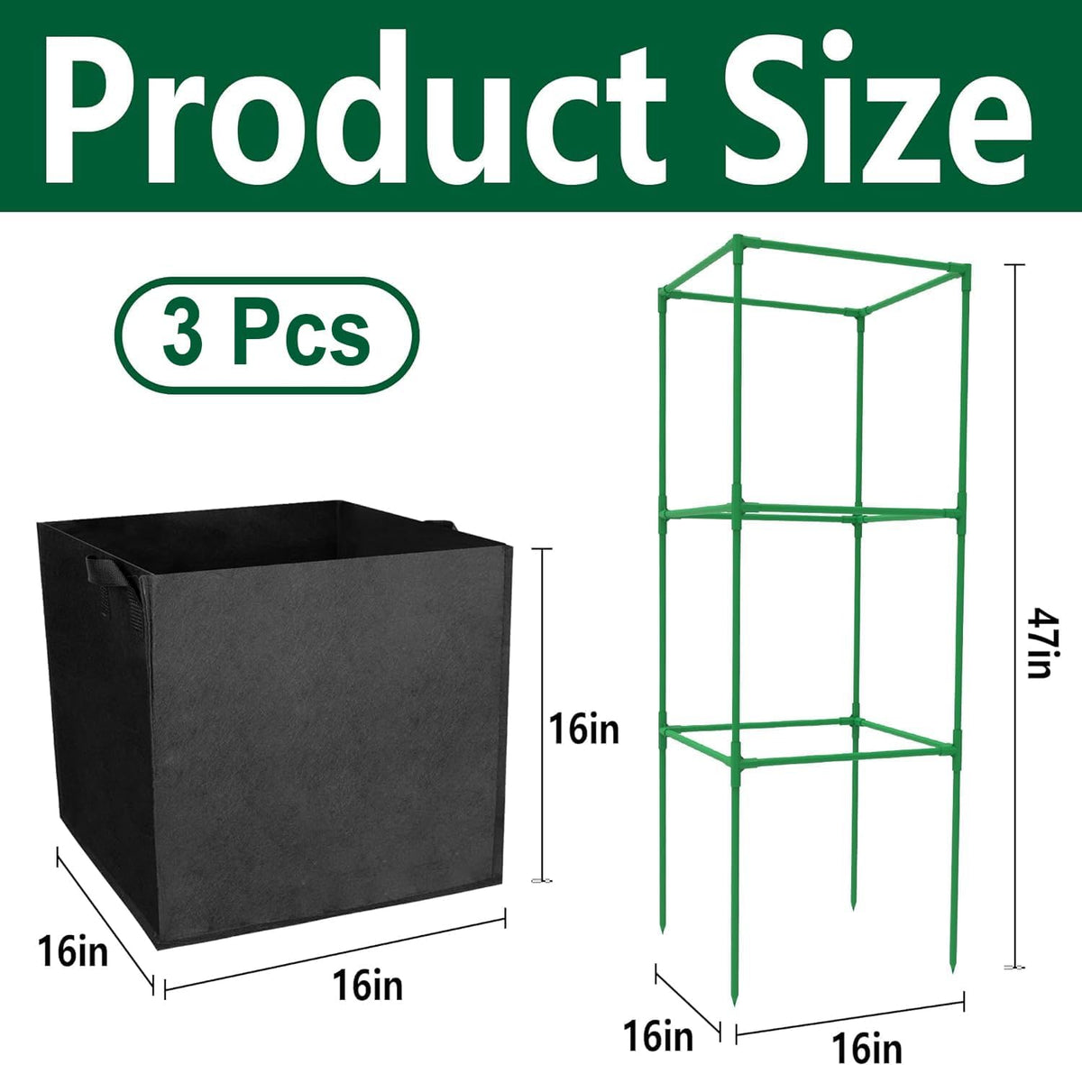 3 Packs 47 x 16 x 16 Inch Garden Tomato Cages with 17.7 Gallon Grow Bags- Square Plant Support