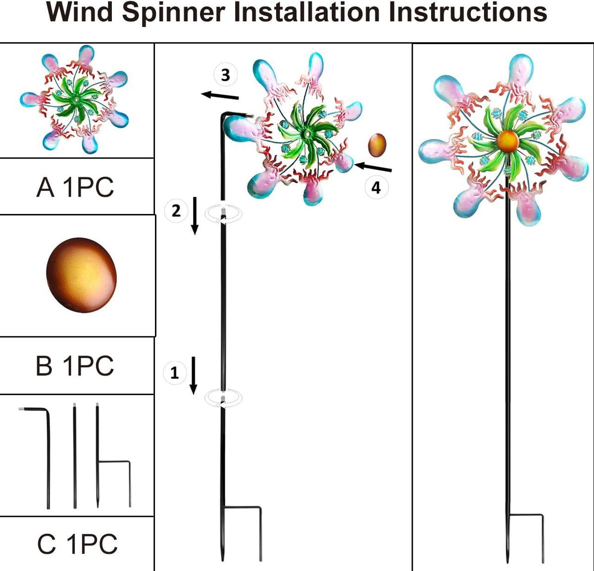 Jellyfish Wind Spinners - 39" Ocean-Themed Metal Wind Sculptures Garden Stake Art, 13.5” Windmill