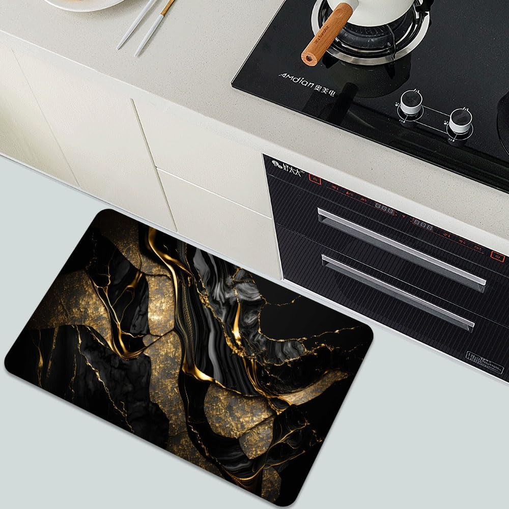 Bath Mat-Bathroom Rug，Black and Metallic Gold Marble-Absorbent Non Slip Quick Dry Stain Resistant