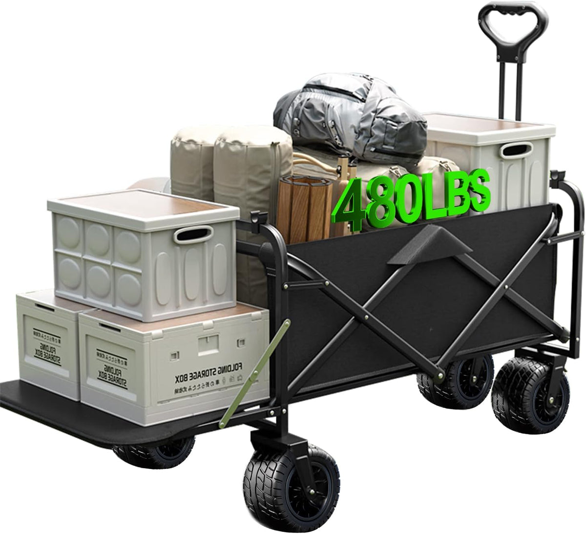 Collapsible Wagon Cart Foldable with Tailgate, 47" L 480lbs Capacity, Heavy Duty Beach Wagon with