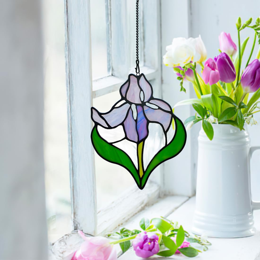 Iris Flower Stained Glass Window Hangings,Iris Flower Gifts for Women,Artificial Flowers Stained