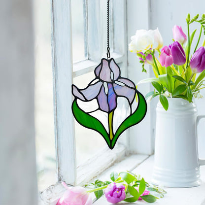 Iris Flower Stained Glass Window Hangings,Iris Flower Gifts for Women,Artificial Flowers Stained