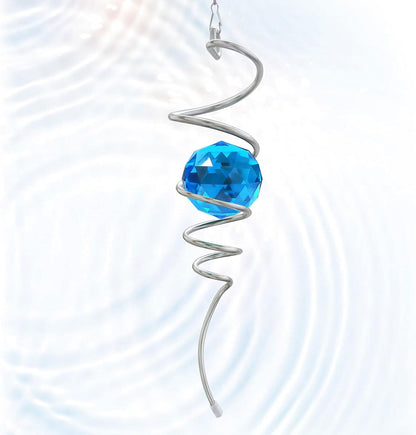 Gazing Ball Spiral Tail, Wind Spinner Spiral Peacock Blue Crystal Orb with Swivel Hook, Sun Catcher