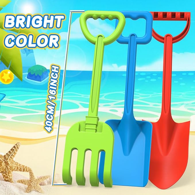 3 PCS Beach Shovel Sand Shovels Toys for Kids Adults, 16 Inch Spade Rake Sandbox, Sturdy Scoop