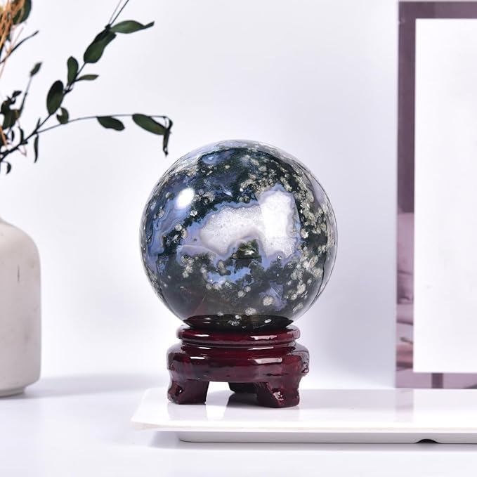 Large Moss Agate Crystal Sphere Natural Healing Crystal Ball with Stand Meditation Decorative Balls