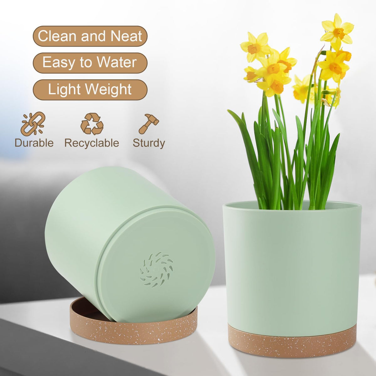 Plant Pots with Drainage Holes and Saucers – 7, 6.5, 6, 5, 4 Inch Plastic Planters for Indoor