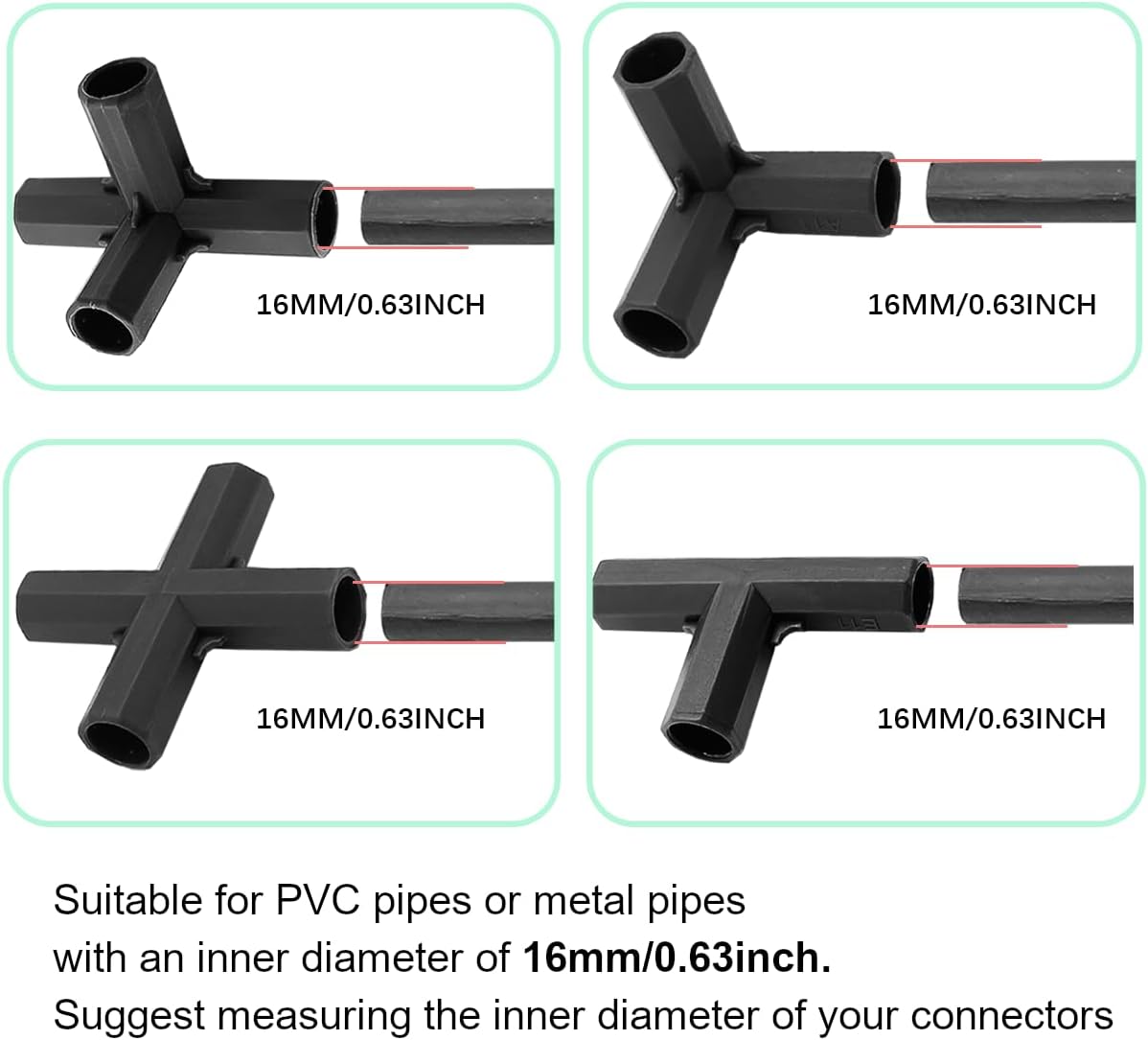 12PCS Fitting 16MM 4 Types Stable Support Heavy Duty Greenhouse Frame Building Connector Black
