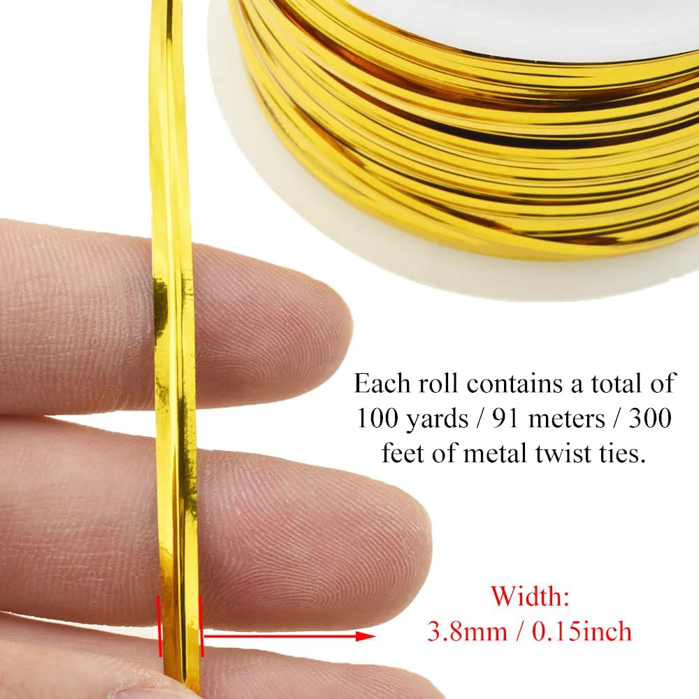 HAHIYO 100Yards/300Feet/91M Gold Metal Twist Ties for Bread, Candy, Coffee, Plant Garden