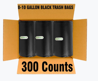 8-10 Gallon Trash Bags, 300 Count Black Garbage bags, Multi-purpose Trash Can Bin Liners for