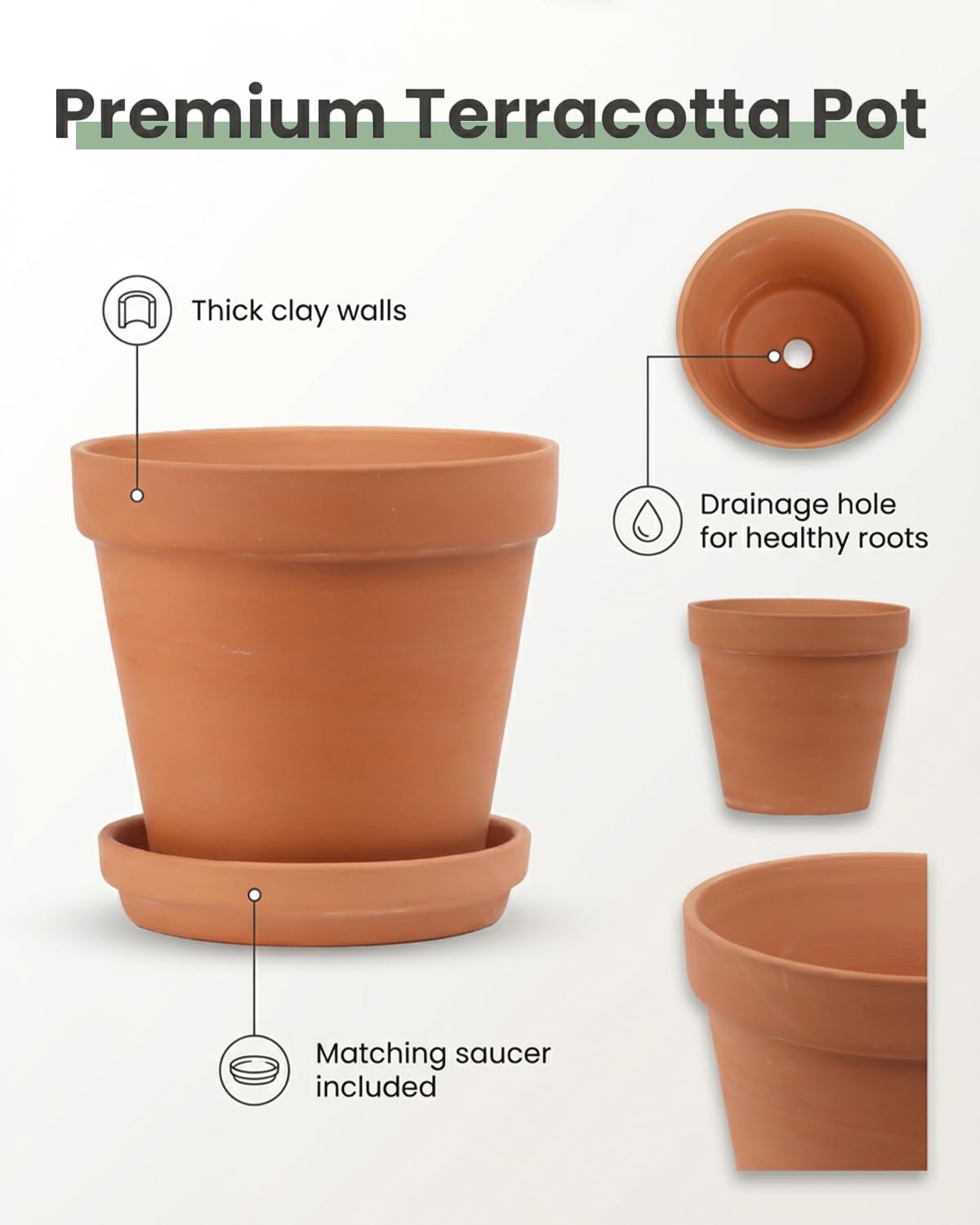 Riseuvo 6 Inch Terracotta Pots with Saucers – 4 Pack Medium Clay Flower Pots with Drainage
