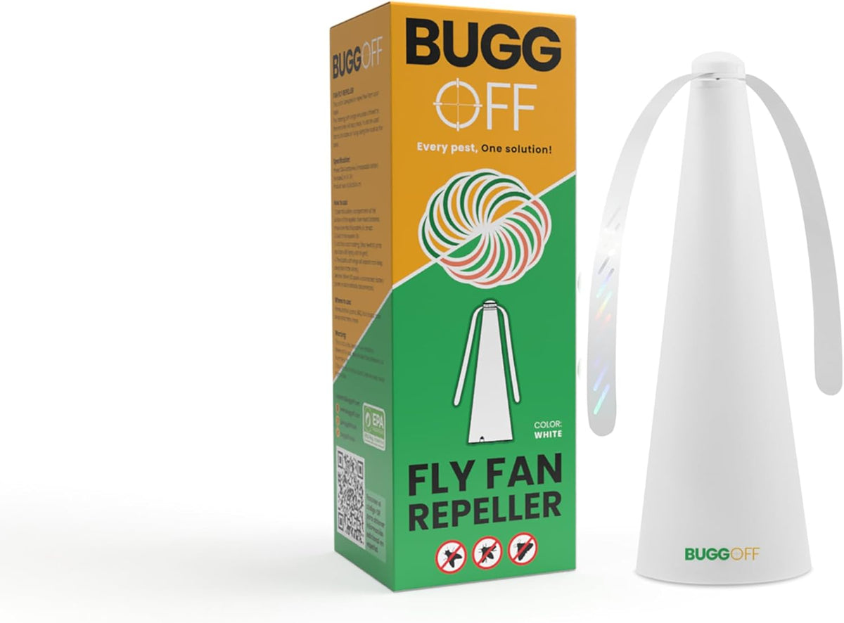 BUGGOFF White Fly & Flying Insect Repellent Fan with Twin Blades, Table top & Hangable, Battery