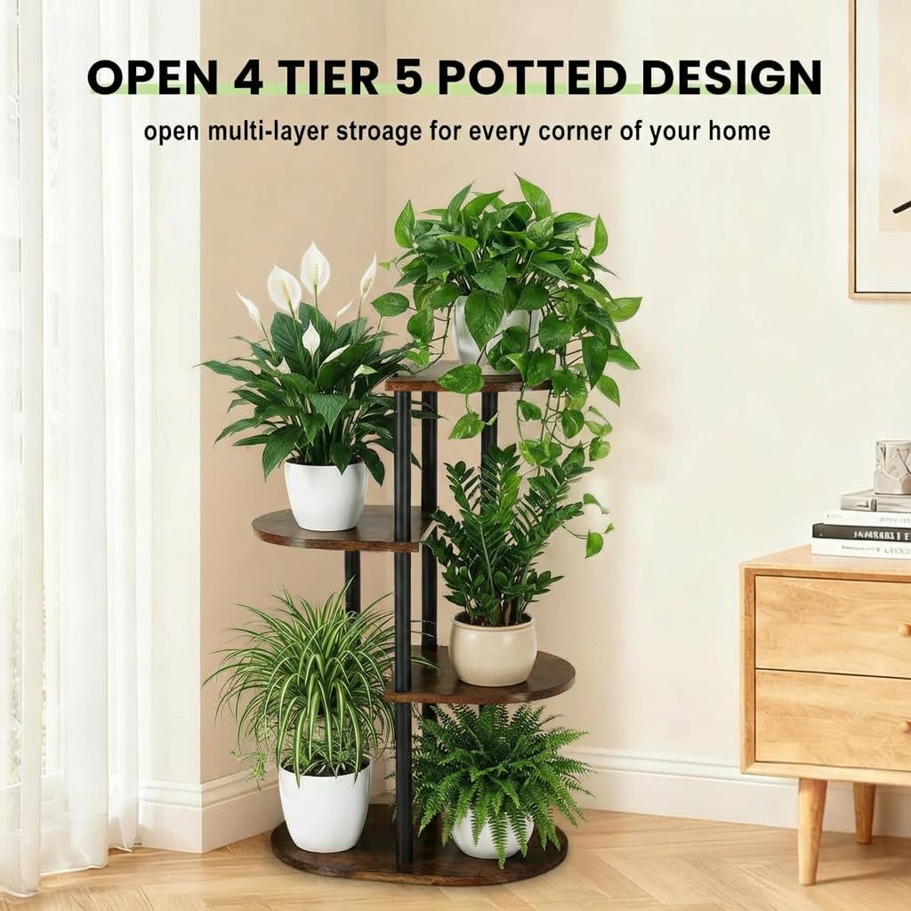 Korrie Home Tiered Plant Stand Indoor, Tall 4 Tier 5 Potted Wooden Plant Shelf for Multiple Flower