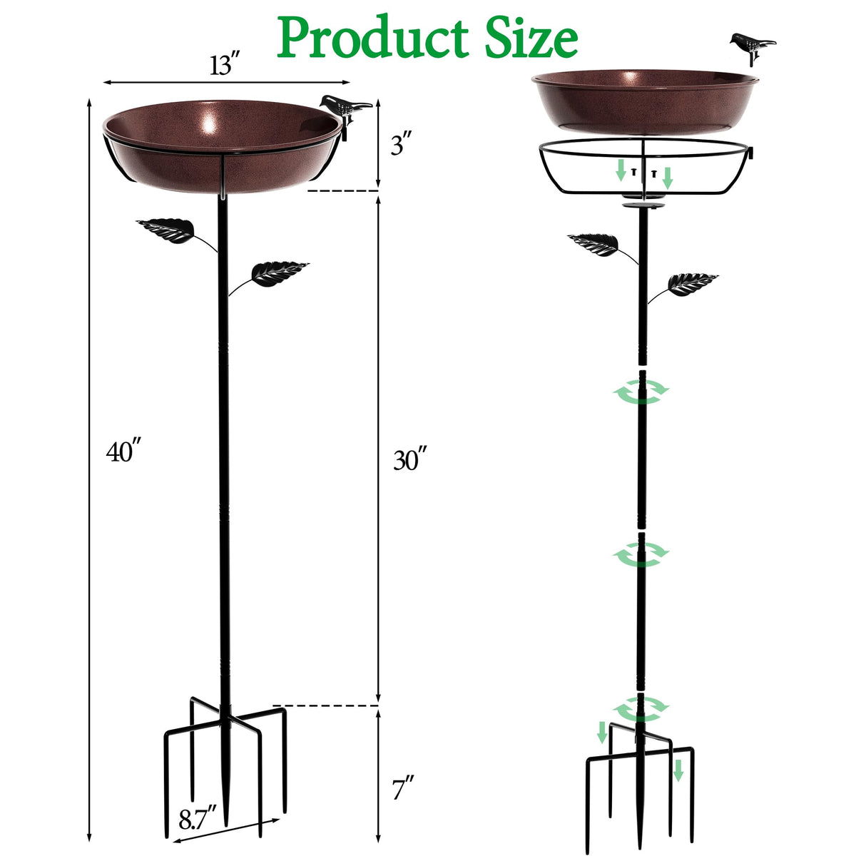 Polyjkl 3" Deep Metal Bird Bath for Outdoors 40in Tall, Removable 13" Dia Birdbath Bowl with Stable