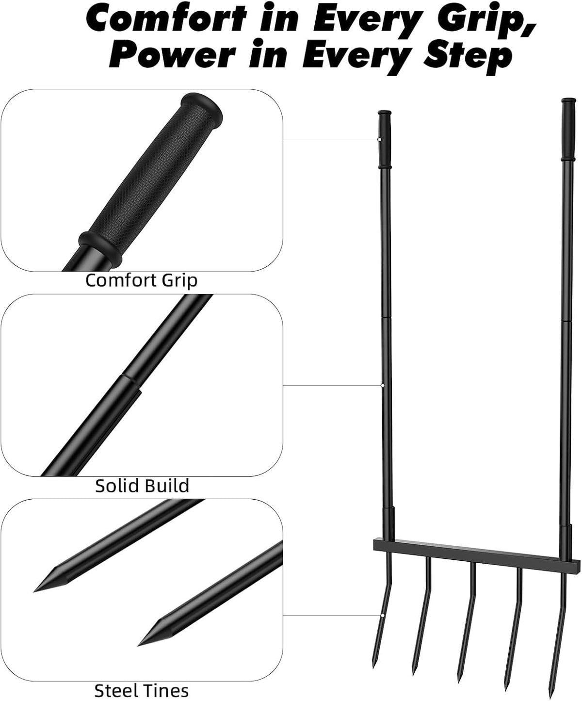 Broadfork Garden Tool Heavy Duty, 5 Tines Broad Fork for Gardening, U-Shaped Garden Fork for