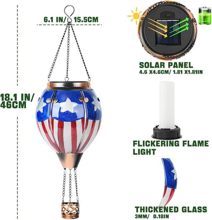 Hot Air Balloon Solar Lantern - U.S Flag Patriotic Glass Lantern, Simulated Flickering & Dancing