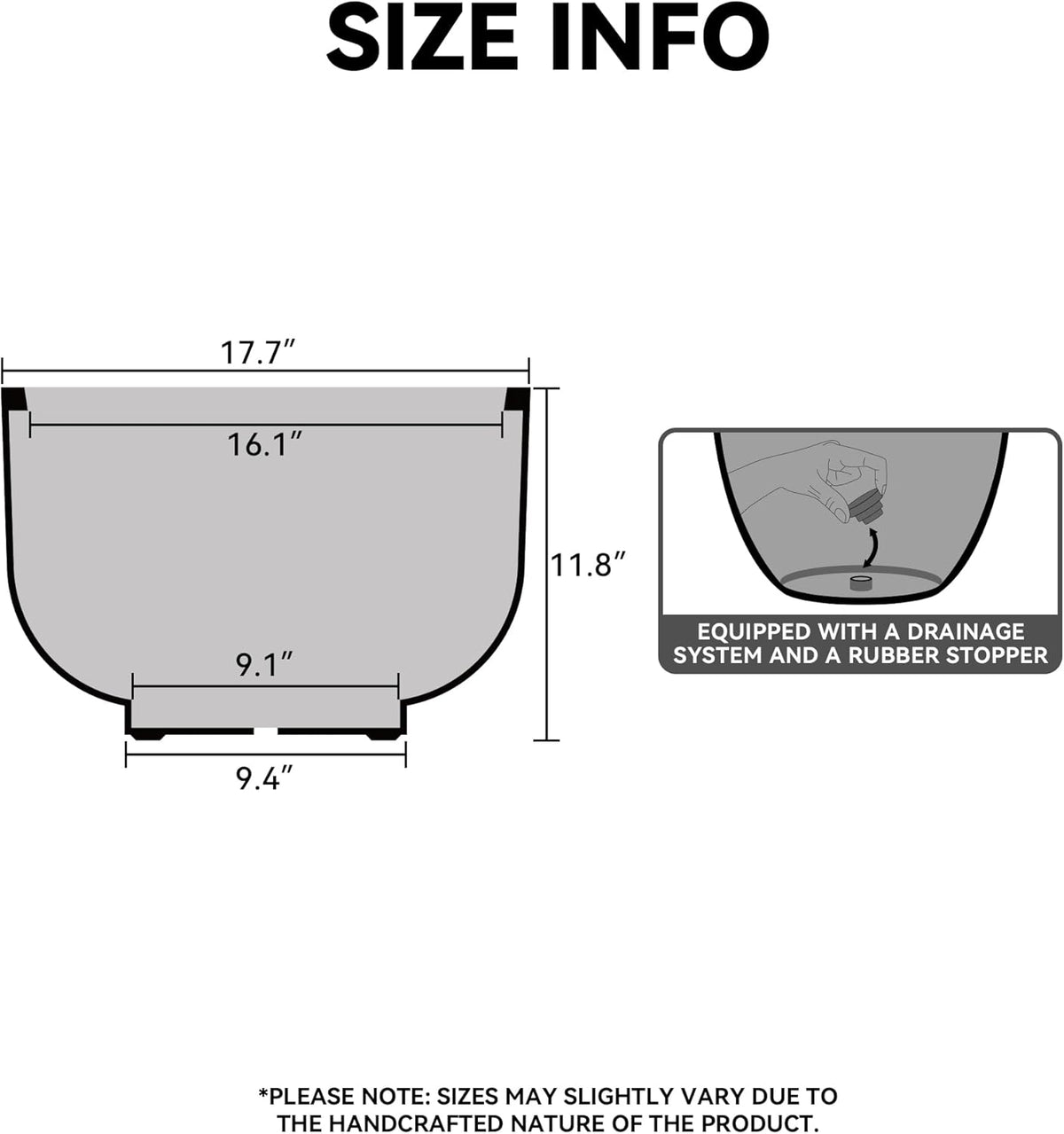 Kante 17.7 Inch Dia Concrete Bowl Planter, Large Tapered Bottom Plant Pot with Drainage, Smooth