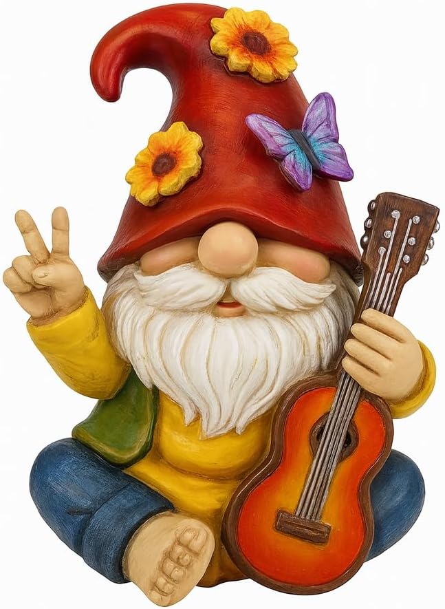 Peace Sign Garden Gnome Figurine Outdoor Statue, Funny Guitar Playing Dwarf Rock Music Decor - 6‘’