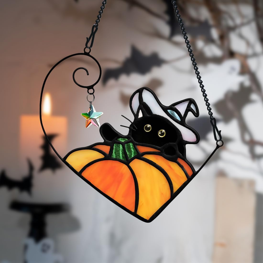 BOXCASA Black Cat Decor Stained Glass Window Hangings Pumpkin Ornament,Halloween Decor Witch Hat