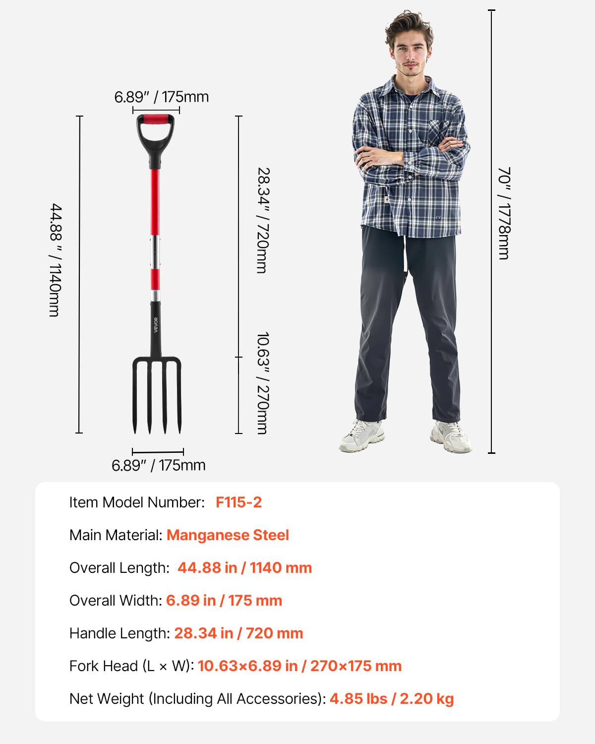 VEVOR Garden Fork, 4-Tine Gardening Pitchfork with Fiberglass Handle, 45 in Heavy Duty Digging Fork